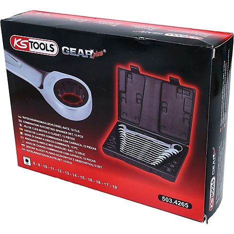 Werkzeugkasten mit Schraubenschlüsseln; KS TOOLS Schriftzug, Produktname, Zahlencode.